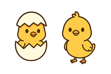 Adorable cartoon baby chicks hatching from eggshells for Easter and spring themes