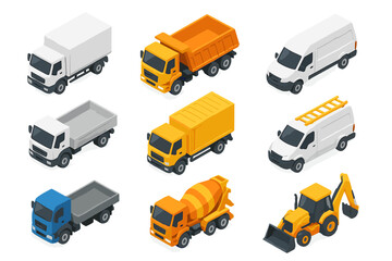 Isometric set of commercial transport and construction machinery vehicles isolated on white background © Andrei