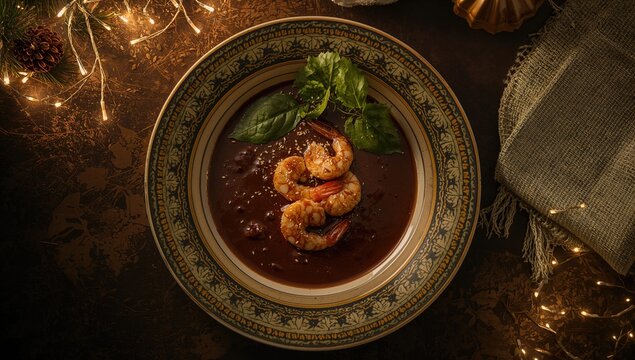 Traditional Mexican romeritos served with mole sauce and shrimp, rich in flavor and cultural significance