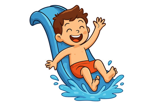 Cheerful child enjoying a thrilling ride down a water slide at the aqua park