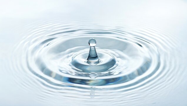 Single water drop creates perfect concentric ripples on clear surface peaceful blue hue background