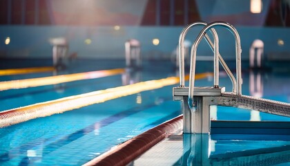 close up of a diving block at an indoor swimming pool with blurred background of lanes and stadium lights