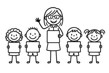 Female teacher waving with four cheerful students holding blank message boards