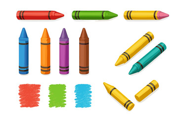 Assortment of vibrant wax crayons in different colors and orientations with sample drawing textures