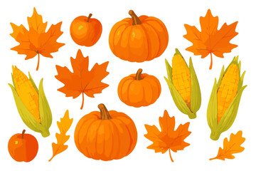 Vibrant collection of autumn harvest elements: pumpkins, corn, apples, and maple leaves