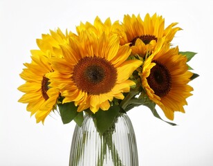 bright yellow sunflowers in a clear glass vase studio shot isolated on white background