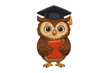 Cute brown owl mascot wearing a graduation cap holding a red book