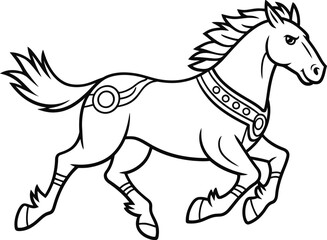 Outline drawing of a majestic horse in full gallop with decorative harness