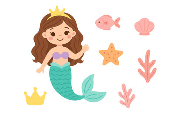 Cute cartoon mermaid princess character with underwater elements set © Andrei