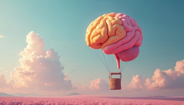 Surreal hot air balloon shaped like a human brain floats over a vast pink field under a pastel sky. This symbolizes creativity adventure and abstract thought journeys. Explore new ideas.