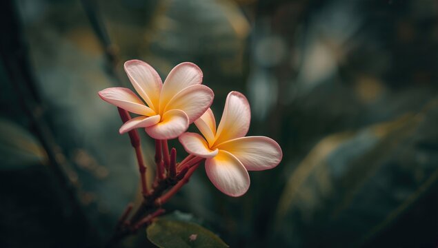 Plumeria tree adorned with frangipani flowers, vibrant tropical design for editorial backdrops