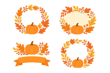 Decorative autumn pumpkin and fall foliage wreaths and frames collection for harvest festivals