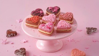 Vibrant heart-shaped mini cakes displayed on a pink background