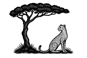 Spotted cheetah resting under a wide-crowned tree in vintage graphic style