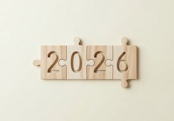 Obraz premium The year 2026 cut out from four wooden jigsaw puzzle pieces, fitting together perfectly