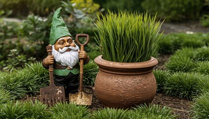 Gnome figurine wearing a green cap with gardening tools beside a flowerpot containing grass, gardening theme