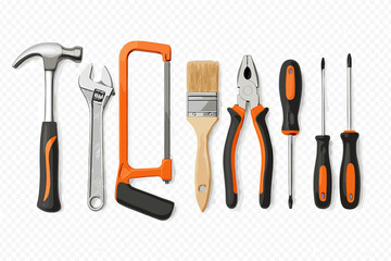 Collection of essential construction and repair hand tools including hammer wrench saw and pliers