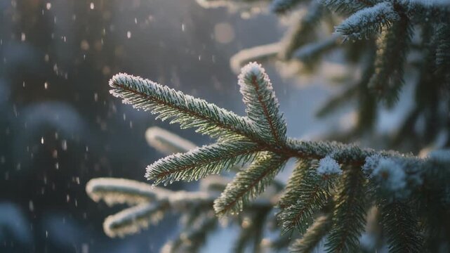 Frosted evergreen pine needles with tiny sparkling snow highlights. Gentle depth-of-field drift gives a natural, calm, festive winter aesthetic with no added decorations