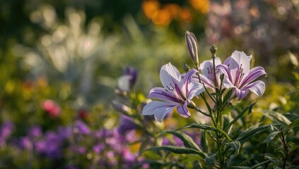 Obraz premium Purple and white St Joseph's Lily flowers in a garden, ornamental flora, summer backdrop