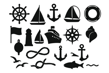 Large collection of black silhouette symbols representing nautical and marine objects