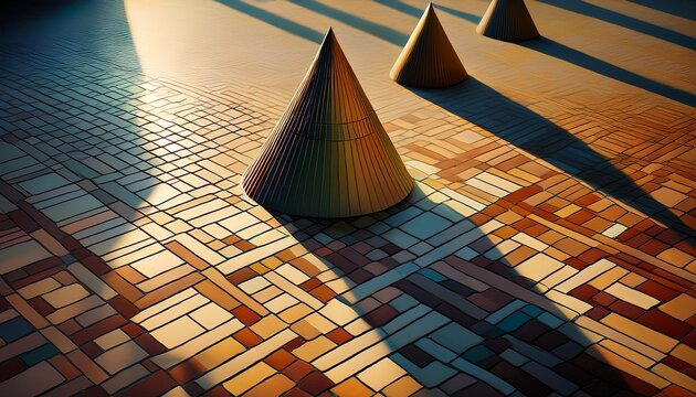 abstract geometric shadows cast by conical structures on a mosaic tiled ground surface