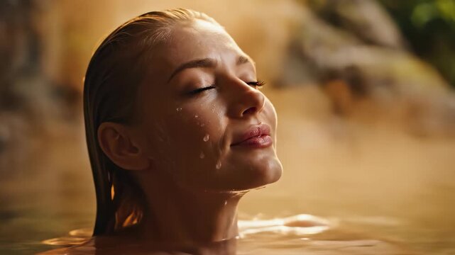 A serene woman with blonde hair bathes in a natural spring, water droplets glistening on her face, expressing joy and tranquility, concept for spa promotion, wellness retreat and luxury skincare ad
