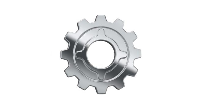 Shiny metallic gear with intricate details isolated on transparent background