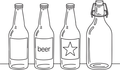 Quartet of Outline Beer Bottles with Labels and Stopper on an Abstract Landscape
