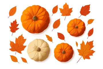 Seamless autumn pattern with orange and white pumpkins and colorful fall leaves scattered on white