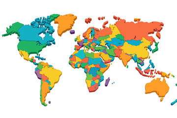 Brightly colored three-dimensional world map showing all countries and continents isolated on white