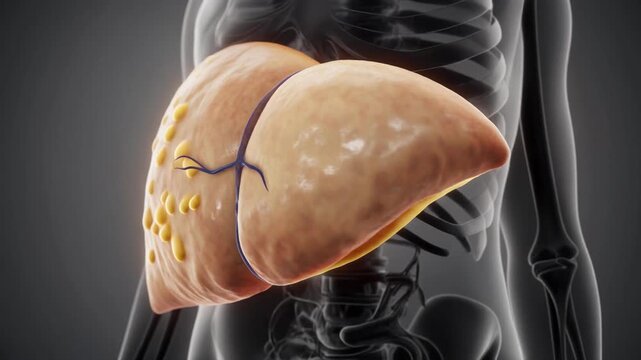  Fatty liver disease visualization showing accumulation of fat in the liver.