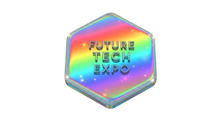 Hexagonal badge with rainbow gradient and future tech expo text isolated on transparent background