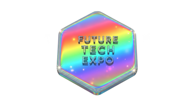 Hexagonal badge with rainbow gradient and future tech expo text isolated on transparent background - Powered by Adobe