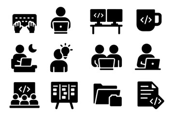 Developer Workflow Icons. Solid style icons of developer workflow: typing on keyboard, coding on laptop, dual monitor setup,