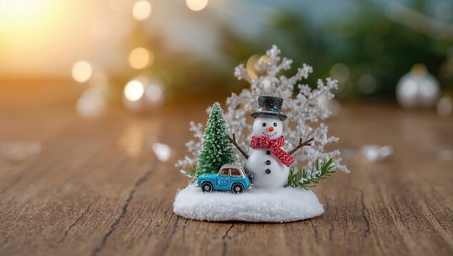 Miniature snowmen-themed Christmas ornament, festive display, holiday decor - Powered by Adobe