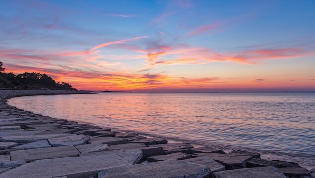 Evening sky reflecting on tranquil ocean waves with rocky shore