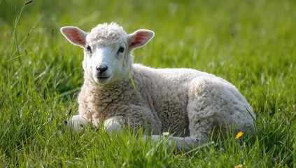 Fototapeta premium A lamb relaxing on grassy ground, embodying tranquility and connection with nature