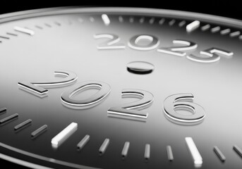 Close-up of a glossy metallic clock face highlighting the numbers for the year 2026