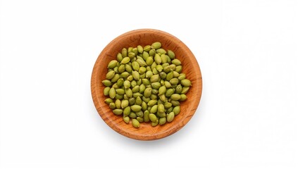 Wooden Plate Displaying Moringa Seeds Against a White Backdrop