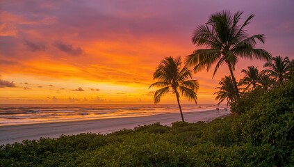 Obraz premium Ocean sunset with palm trees, serene beach landscape, seasonal change
