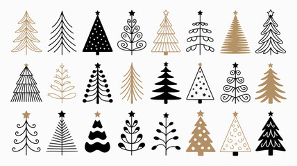 Set of minimalist christmas tree icons in various abstract styles with stars, perfect for festive holiday designs and winter celebrations