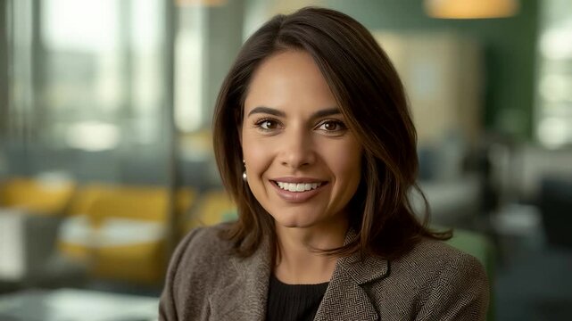 Smiling professional businesswoman in blazer standing in bright modern office environment