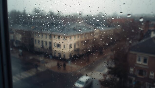 Window glass with raindrops, creating a blurred view of a city street, seasonal change