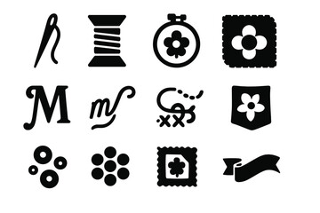 Collection of black and white icons for sewing and crafting. The icons include a needle, scissors, thread, and a flower