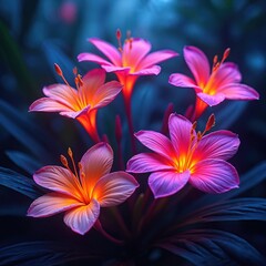 Fototapeta premium Vibrant glowing pink orange flowers bloom at night. Floral pattern features neon petals and dark foliage. Exotic blossom with bright colors for spring background, art or decoration print.