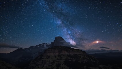 Starry night sky with shooting stars above the mountain landscape, nature's beauty, seasonal change