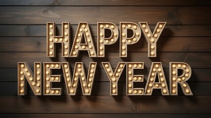 Obraz premium Illuminated marquee letters spell happy new year on wood background