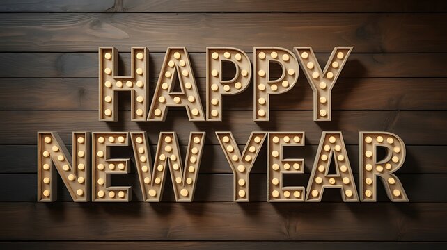 Illuminated marquee letters spell happy new year on wood background