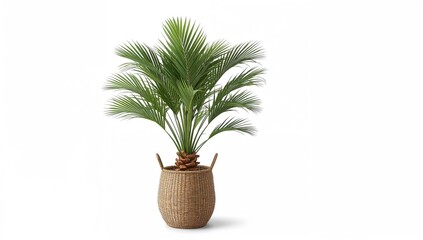 Fototapeta premium Kentia palm plant in a seagrass basket, enhancing indoor greenery, urban gardening