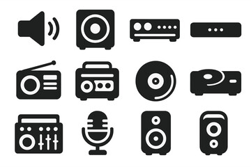 Sound Device Icons. Solid style icons of sound devices: loudspeaker, subwoofer, amplifier, soundbar, radio, cassette player, vinyl